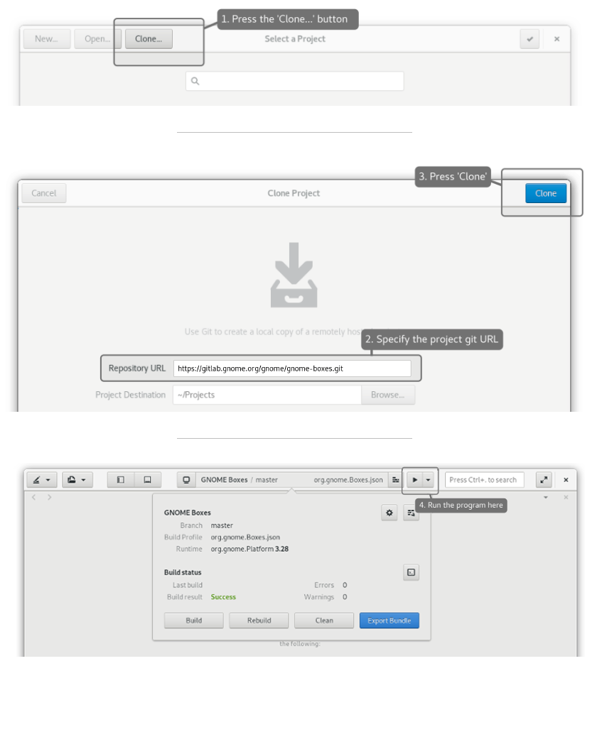 GNOME Builder: cloning a project and building it